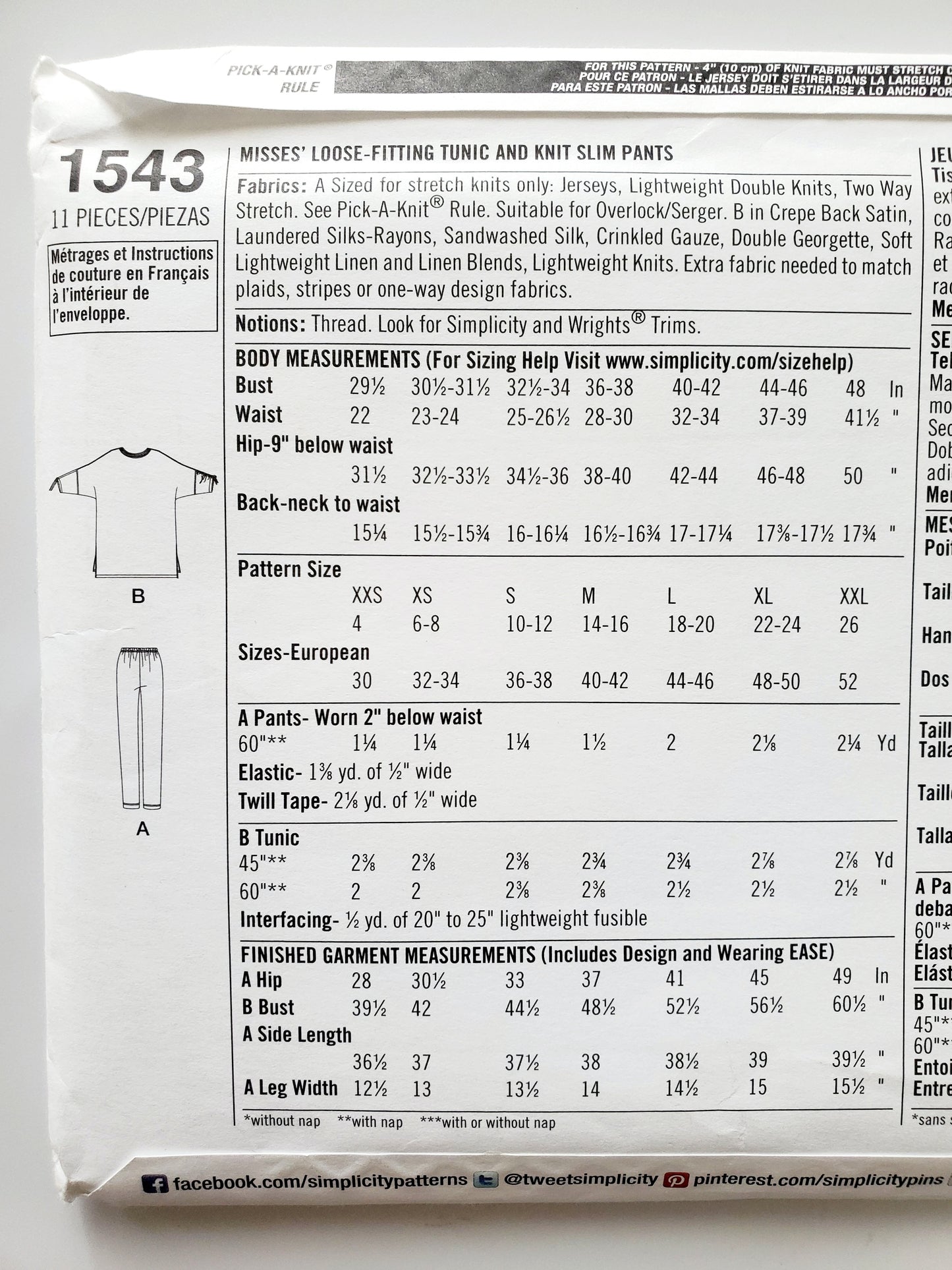 SIMPLICITY Sewing Pattern 1543, Long Top, Long Tunic, Knit Pants, Pants, Close Fitting, Size 4-26