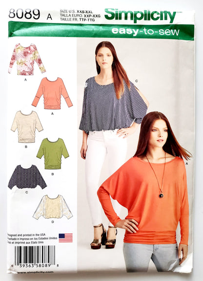 SIMPLICITY Sewing Pattern 8089, Tops, Slit in Sleeves, Batwing Sleeves, Size 4-26
