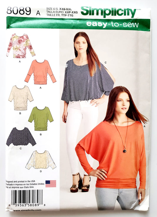 SIMPLICITY Sewing Pattern 8089, Tops, Slit in Sleeves, Batwing Sleeves, Size 4-26
