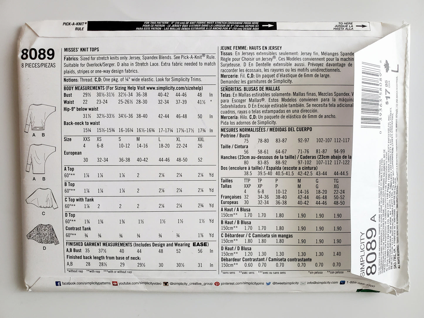 SIMPLICITY Sewing Pattern 8089, Tops, Slit in Sleeves, Batwing Sleeves, Size 4-26