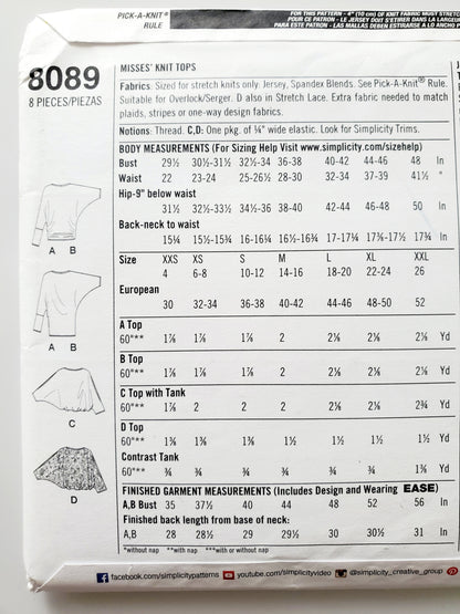 SIMPLICITY Sewing Pattern 8089, Tops, Slit in Sleeves, Batwing Sleeves, Size 4-26