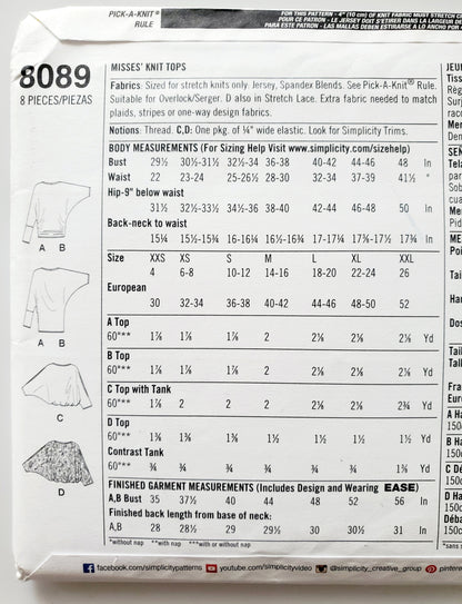 SIMPLICITY Sewing Pattern 8089, Tops, Slit in Sleeves, Batwing Sleeves, Size 4-26