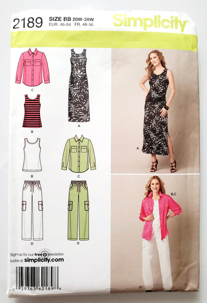 SIMPLICITY Sewing Pattern 2189, Shirt, Pants, Cargo Pants, Knit Top, Knit Dress, Size 20-28
