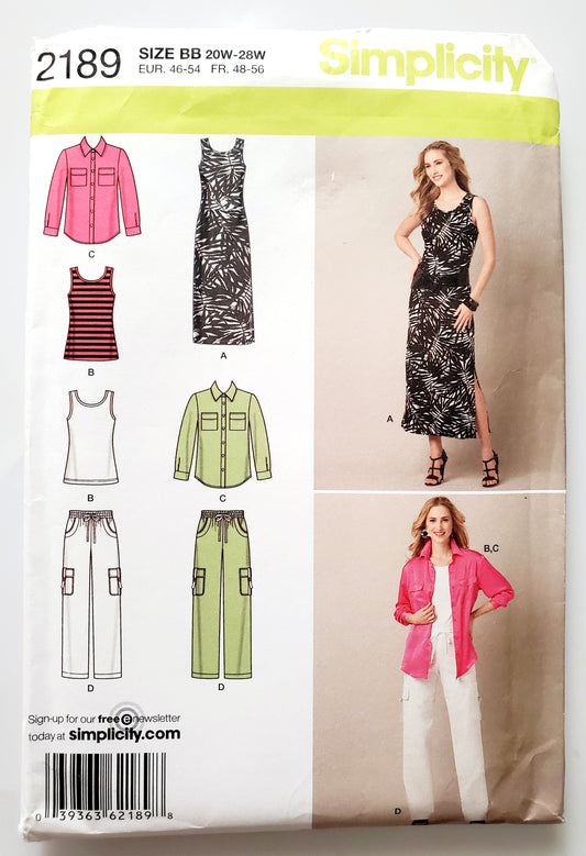 SIMPLICITY Sewing Pattern 2189, Shirt, Pants, Cargo Pants, Knit Top, Knit Dress, Size 20-28