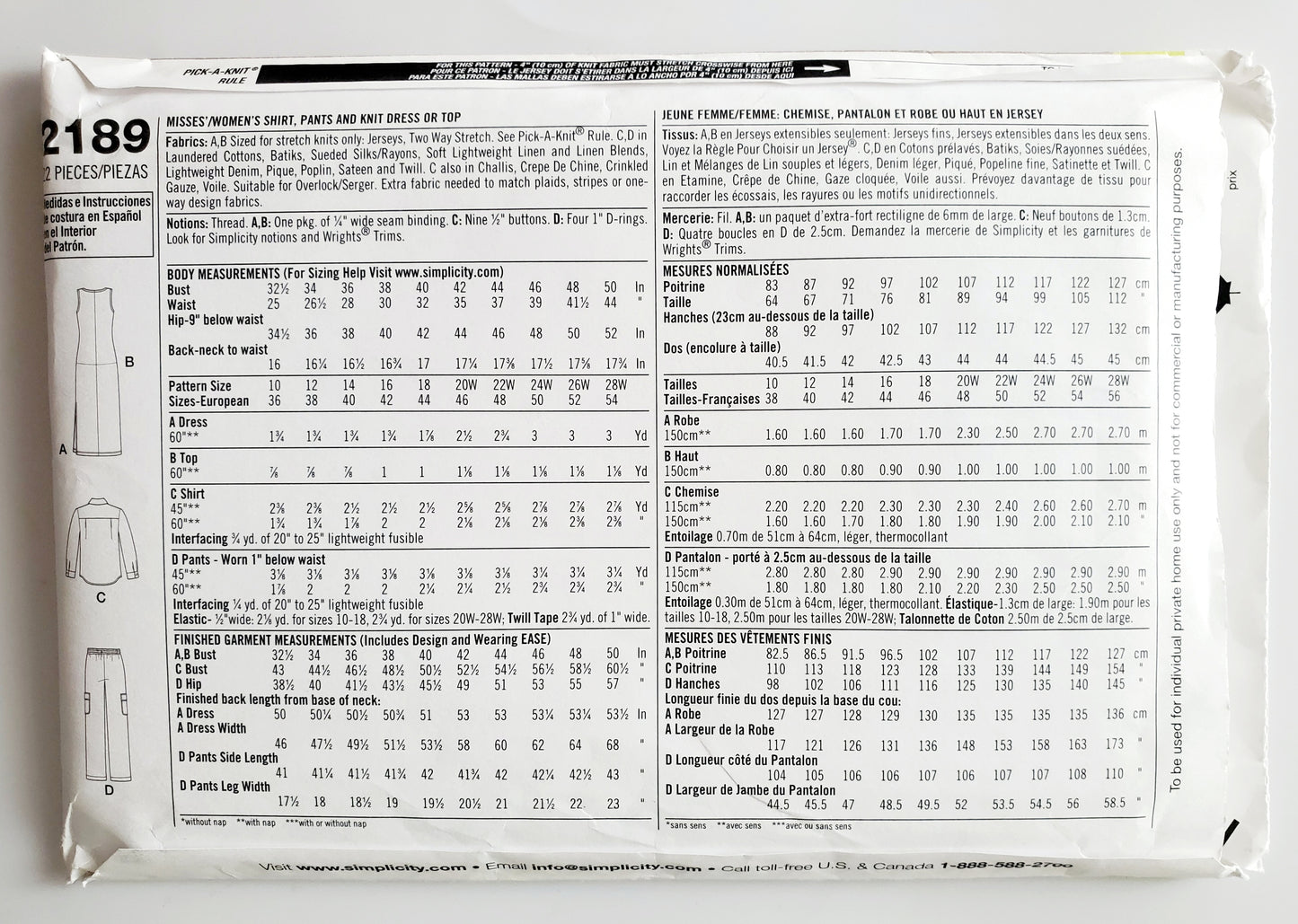 SIMPLICITY Sewing Pattern 2189, Shirt, Pants, Cargo Pants, Knit Top, Knit Dress, Size 20-28