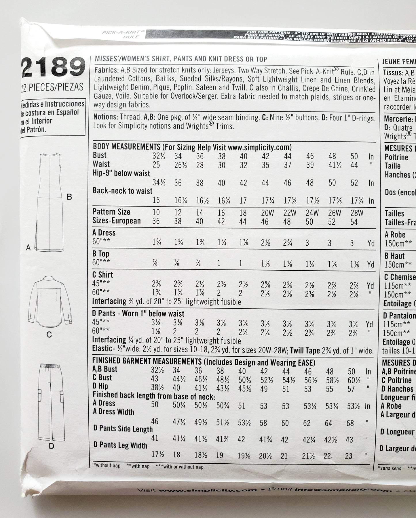 SIMPLICITY Sewing Pattern 2189, Shirt, Pants, Cargo Pants, Knit Top, Knit Dress, Size 20-28