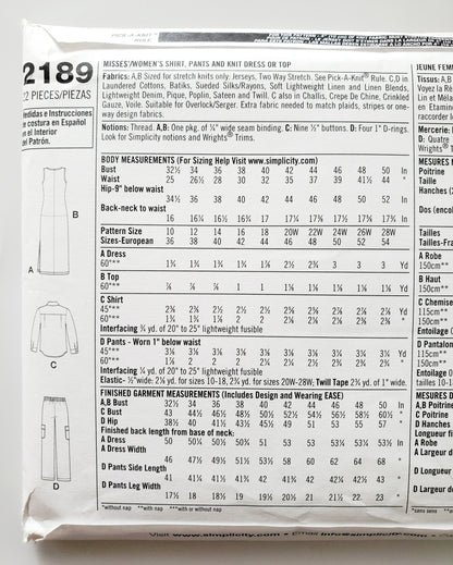 SIMPLICITY Sewing Pattern 2189, Shirt, Pants, Cargo Pants, Knit Top, Knit Dress, Size 20-28
