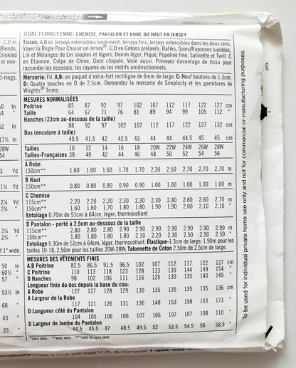 SIMPLICITY Sewing Pattern 2189, Shirt, Pants, Cargo Pants, Knit Top, Knit Dress, Size 20-28