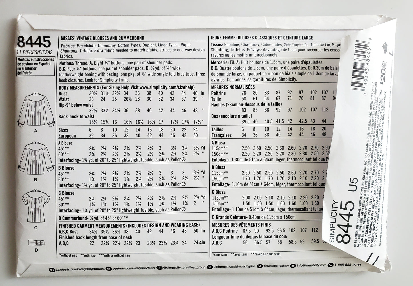 SIMPLICITY Sewing Pattern 8445, Vintage, 50's, Blouse, Cummerbund, Top, Size 16-24