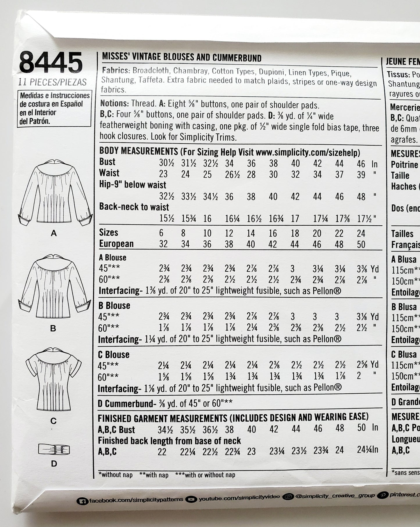 SIMPLICITY Sewing Pattern 8445, Vintage, 50's, Blouse, Cummerbund, Top, Size 16-24