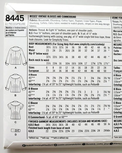 SIMPLICITY Sewing Pattern 8445, Vintage, 50's, Blouse, Cummerbund, Top, Size 16-24