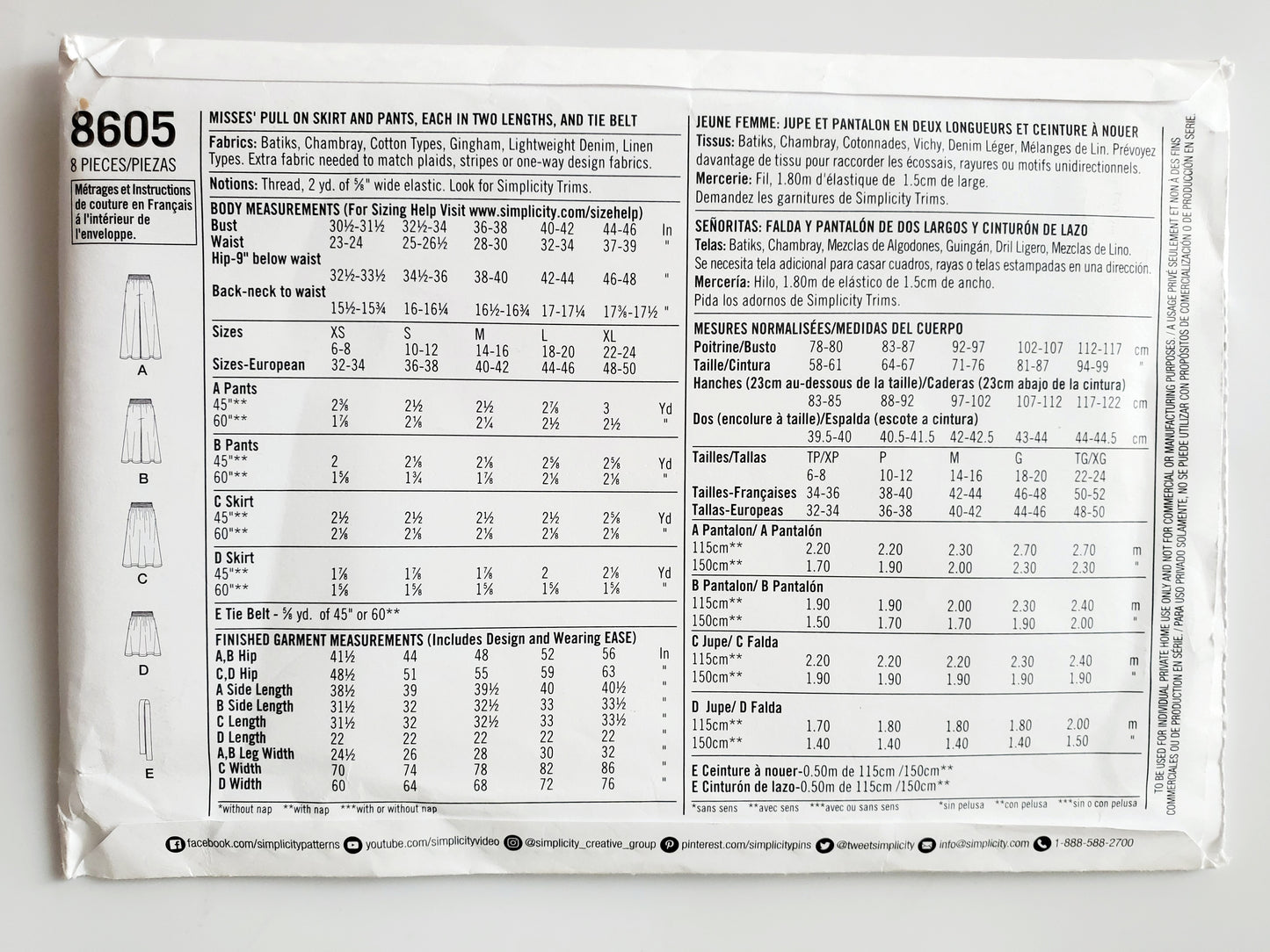 SIMPLICITY Sewing Pattern 8605, Skirt, Pull on Skirt, Pants, Pull on Pants, Tie Belt, Size 6-24