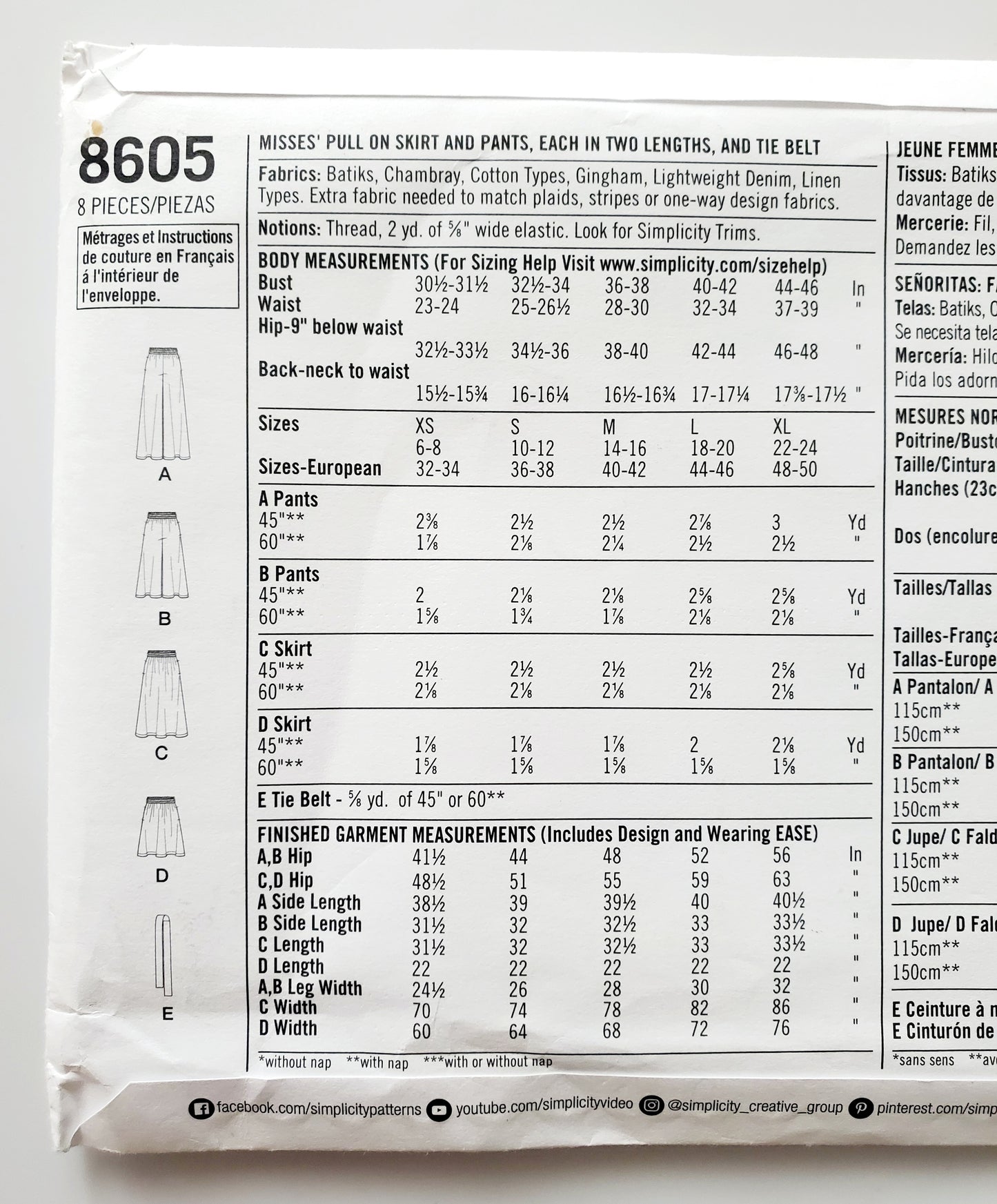 SIMPLICITY Sewing Pattern 8605, Skirt, Pull on Skirt, Pants, Pull on Pants, Tie Belt, Size 6-24