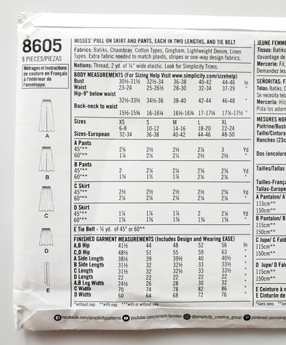 SIMPLICITY Sewing Pattern 8605, Skirt, Pull on Skirt, Pants, Pull on Pants, Tie Belt, Size 6-24