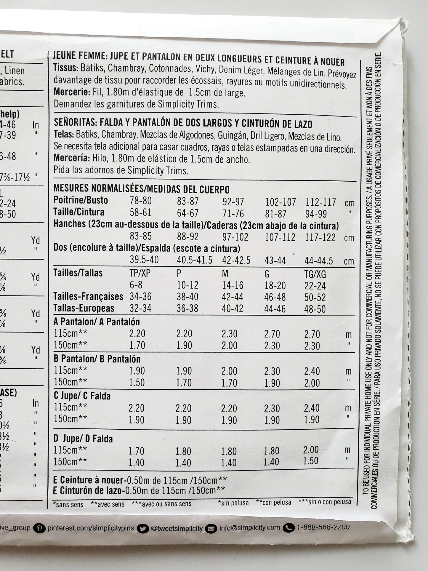 SIMPLICITY Sewing Pattern 8605, Skirt, Pull on Skirt, Pants, Pull on Pants, Tie Belt, Size 6-24