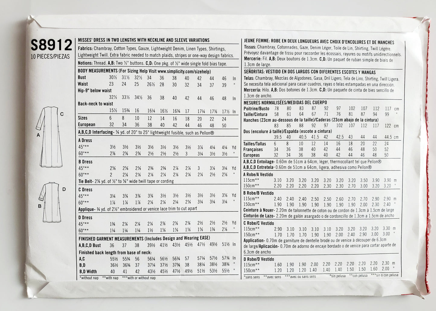 SIMPLICITY Sewing Pattern S8912, Dress, Long Dress, Tunic, Size 16-24