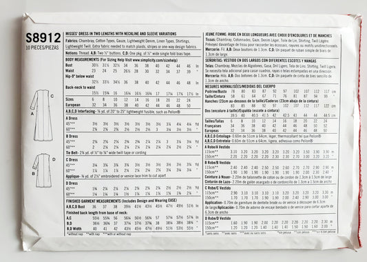 SIMPLICITY Sewing Pattern S8912, Dress, Long Dress, Tunic, Size 16-24