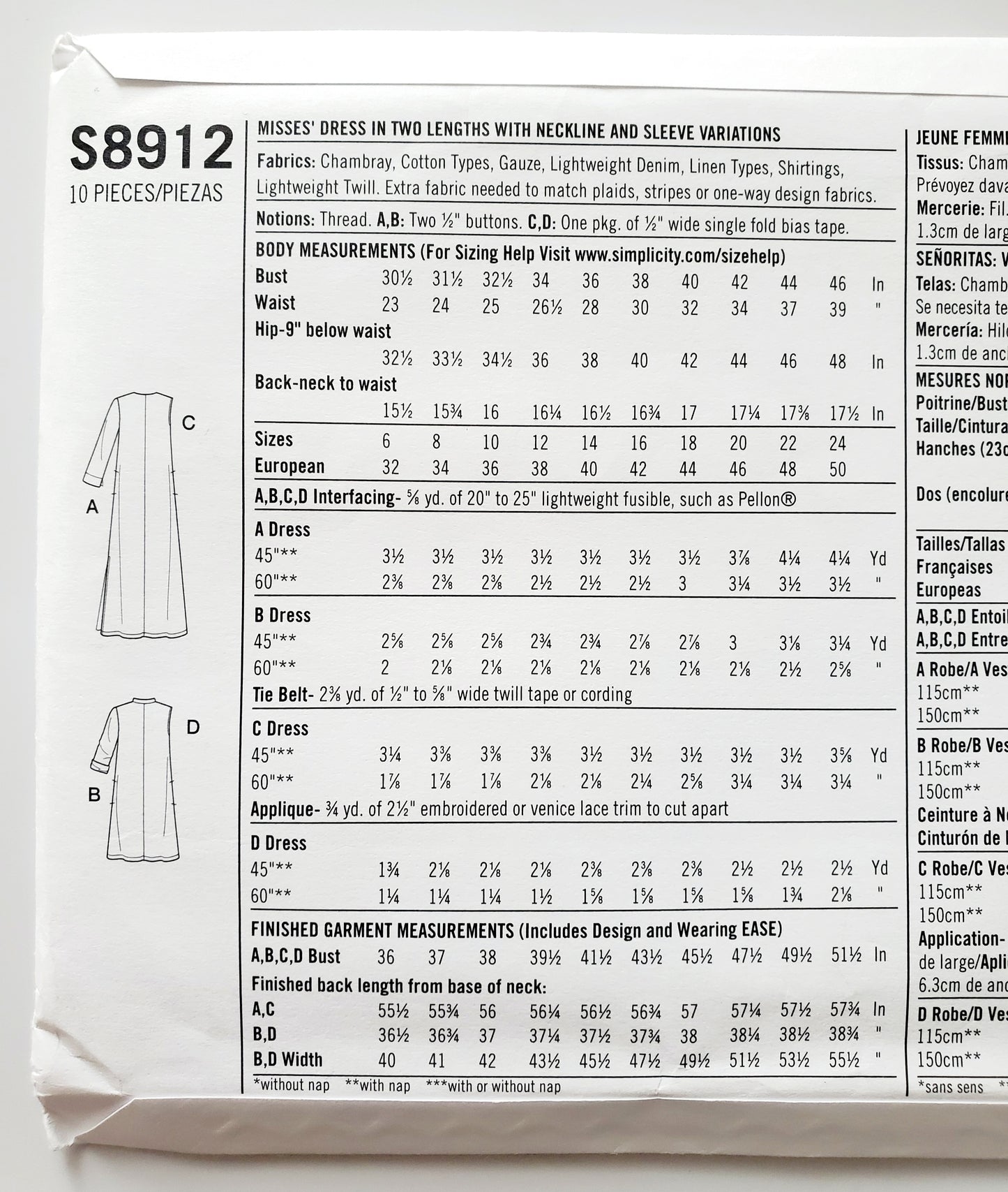 SIMPLICITY Sewing Pattern S8912, Dress, Long Dress, Tunic, Size 16-24