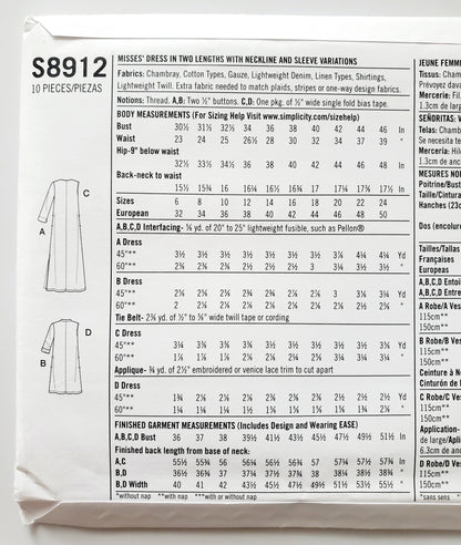 SIMPLICITY Sewing Pattern S8912, Dress, Long Dress, Tunic, Size 16-24