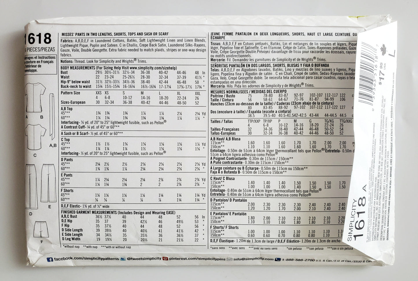 SIMPLICITY Sewing Pattern 1618, Pants, Shorts, Tops, Sash, Scarf, Size 4-26