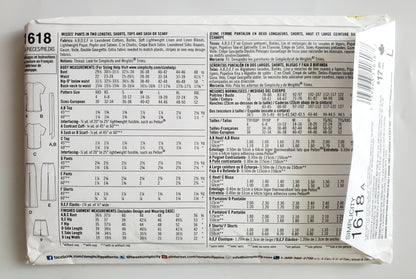 SIMPLICITY Sewing Pattern 1618, Pants, Shorts, Tops, Sash, Scarf, Size 4-26