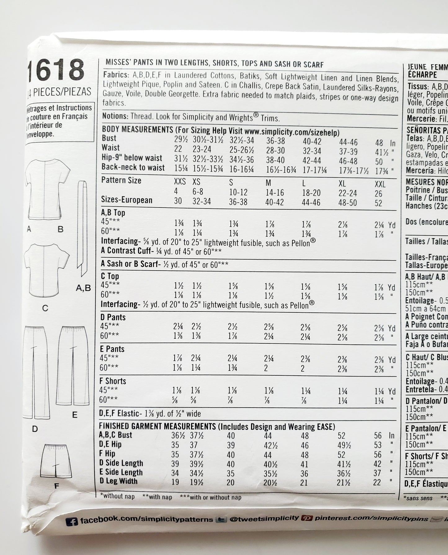 SIMPLICITY Sewing Pattern 1618, Pants, Shorts, Tops, Sash, Scarf, Size 4-26