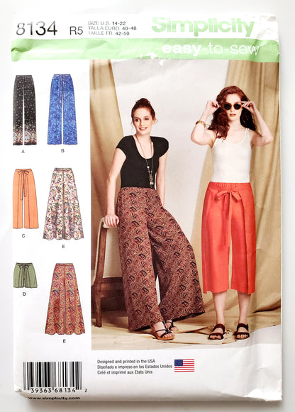 SIMPLICITY Sewing Pattern 8134, Pants, Wide Pants, Loose Pants, Wrap Pants, Size 14-22