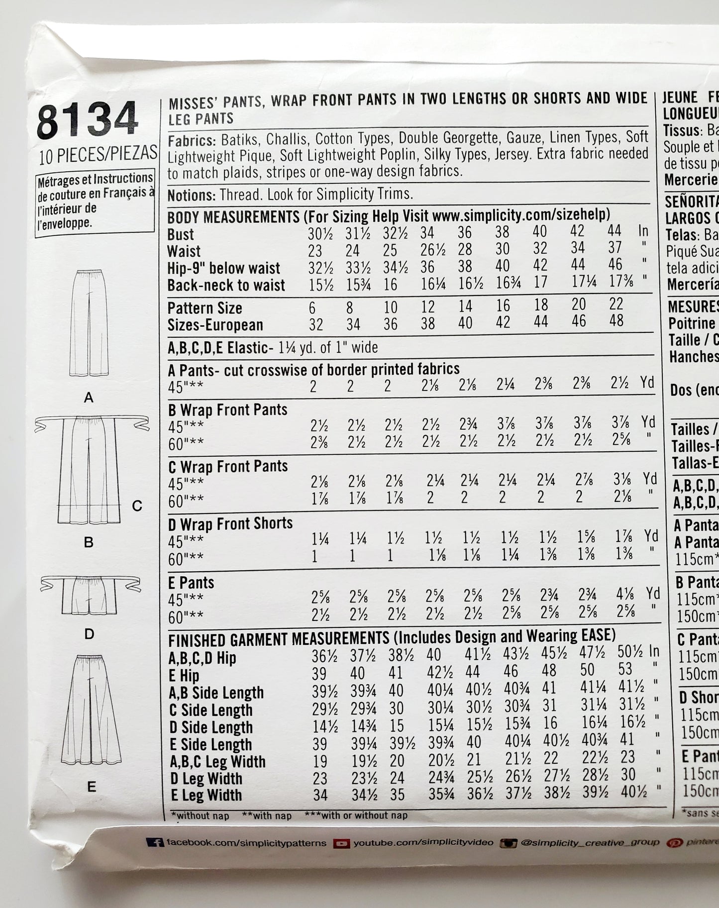 SIMPLICITY Sewing Pattern 8134, Pants, Wide Pants, Loose Pants, Wrap Pants, Size 14-22