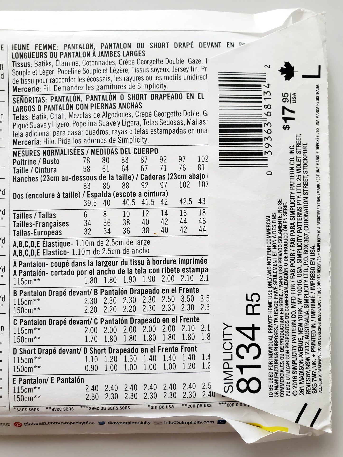 SIMPLICITY Sewing Pattern 8134, Pants, Wide Pants, Loose Pants, Wrap Pants, Size 14-22