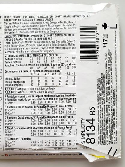 SIMPLICITY Sewing Pattern 8134, Pants, Wide Pants, Loose Pants, Wrap Pants, Size 14-22