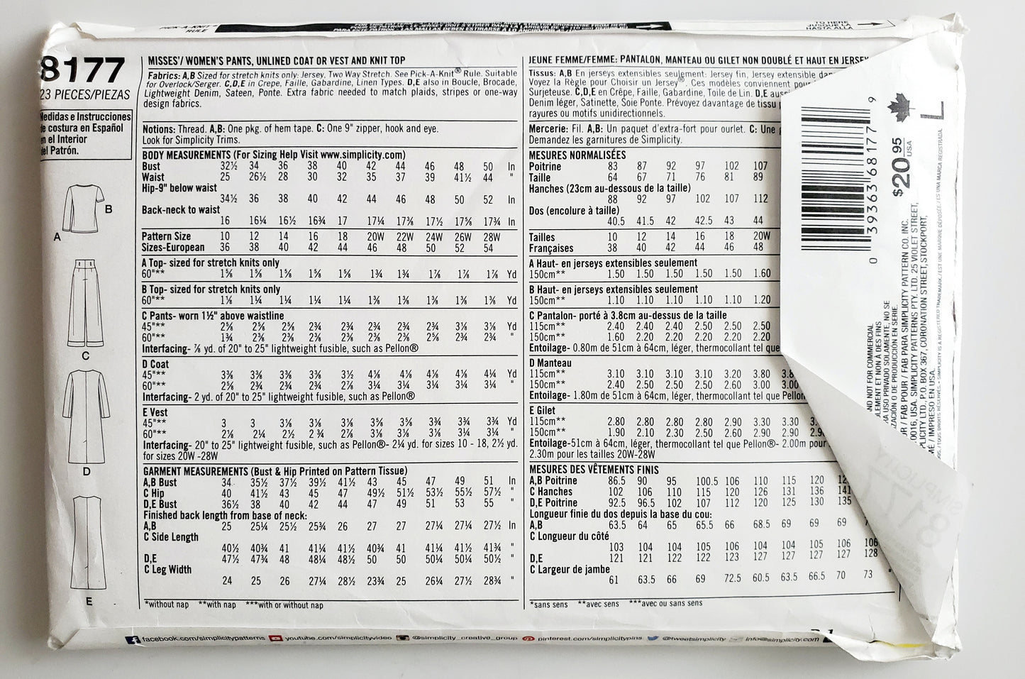 SIMPLICITY Sewing Pattern 8177, Pants, Coat, Unlined Coat, Vest, Knit Top, Outfit, Size 20-28