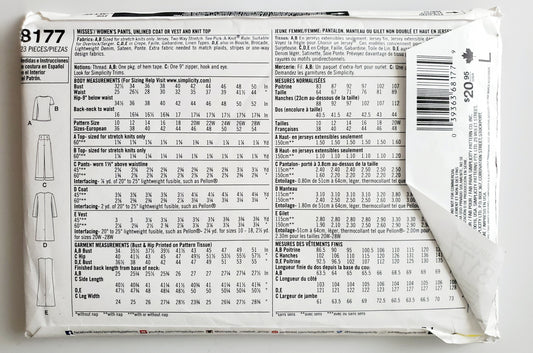 SIMPLICITY Sewing Pattern 8177, Pants, Coat, Unlined Coat, Vest, Knit Top, Outfit, Size 20-28
