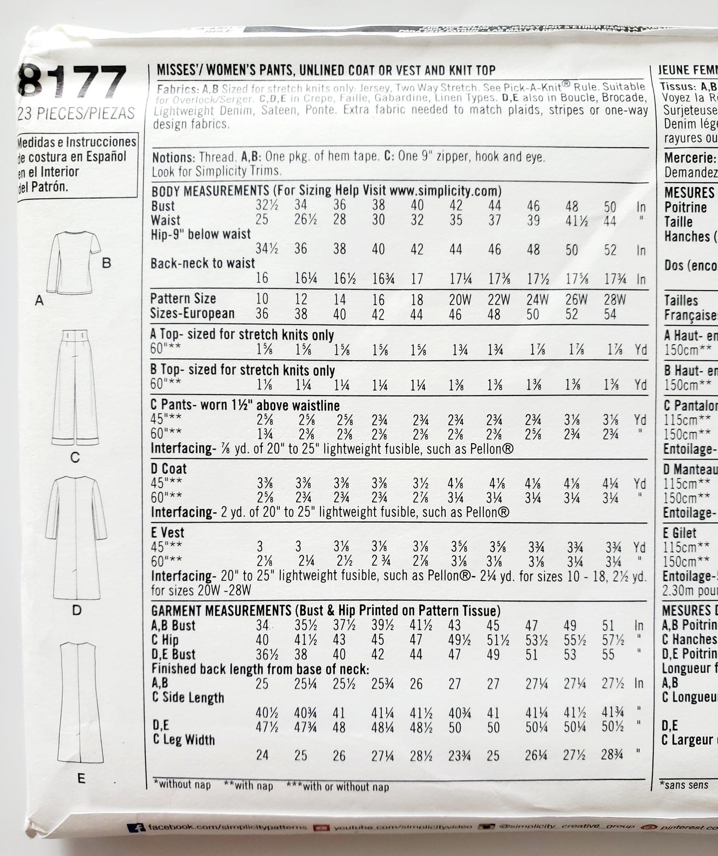 SIMPLICITY Sewing Pattern 8177, Pants, Coat, Unlined Coat, Vest, Knit Top, Outfit, Size 20-28