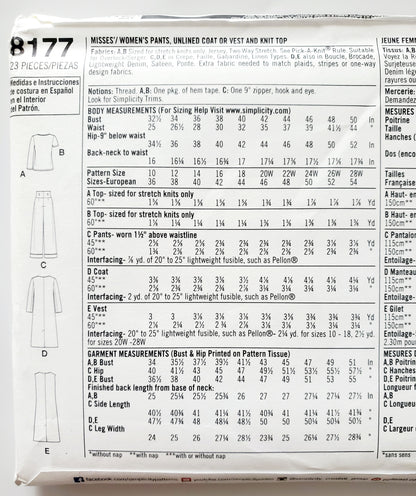 SIMPLICITY Sewing Pattern 8177, Pants, Coat, Unlined Coat, Vest, Knit Top, Outfit, Size 20-28