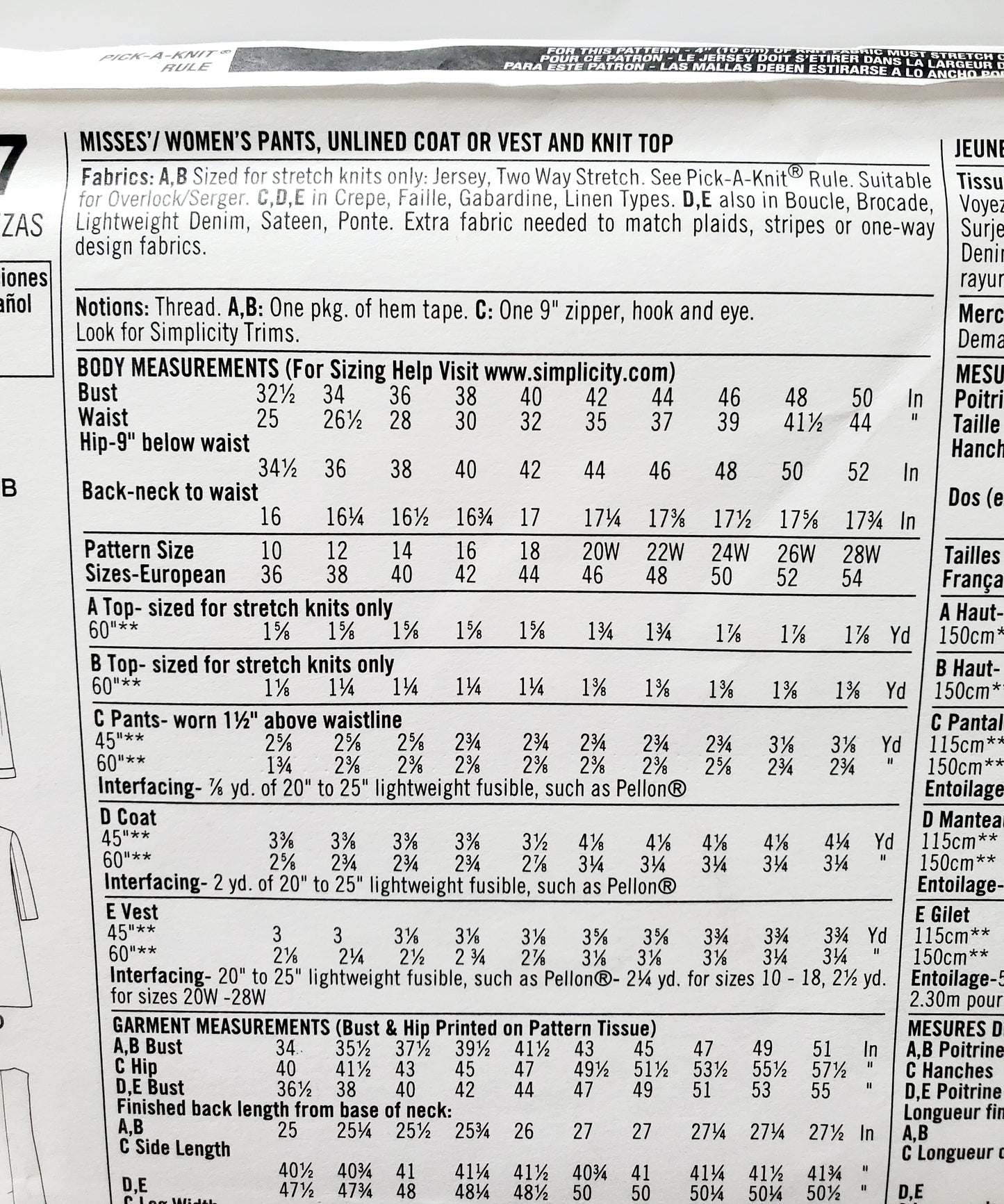 SIMPLICITY Sewing Pattern 8177, Pants, Coat, Unlined Coat, Vest, Knit Top, Outfit, Size 20-28