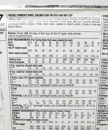 SIMPLICITY Sewing Pattern 8177, Pants, Coat, Unlined Coat, Vest, Knit Top, Outfit, Size 20-28