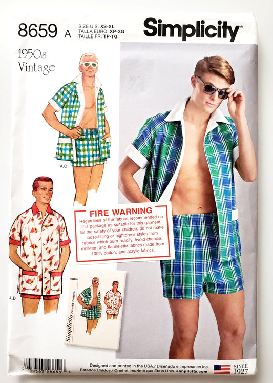SIMPLICITY Sewing Pattern 8659, Mens, Vintage, 50's, Shorts, Shirt, Cabana, Size XS-XL