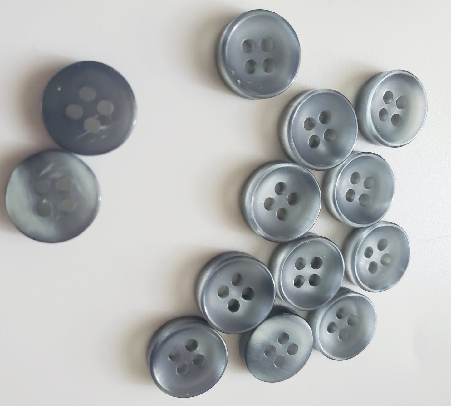 Grey Round 4-Holed Sewing Buttons, Shirt & Cuff Buttons, Size 1.2cm, 1cm, Plastic, QTY 15