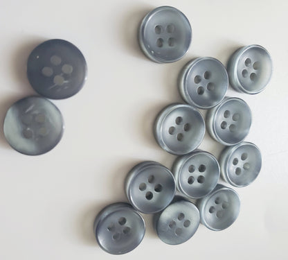 Grey Round 4-Holed Sewing Buttons, Shirt & Cuff Buttons, Size 1.2cm, 1cm, Plastic, QTY 15
