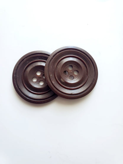 Large Brown Round Bakelite Sewing Buttons, 4-Holed Buttons, Size 35mm, 3.5cm, Plastic QTY 2