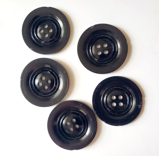 Vintage Bakelite Black 4-Holed Sewing Buttons, Size 34mm, 3.4cm, QTY 5