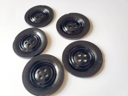 Vintage Bakelite Black 4-Holed Sewing Buttons, Size 34mm, 3.4cm, QTY 5