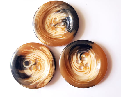Large Brown & Beige Sewing Buttons, Swirls, Round, 4-Holed Buttons, Size 34mm, 3.4cm, Plastic QTY 3