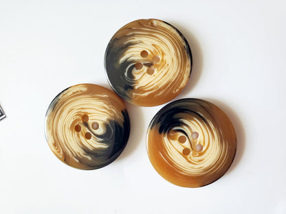 Large Brown & Beige Sewing Buttons, Swirls, Round, 4-Holed Buttons, Size 34mm, 3.4cm, Plastic QTY 3