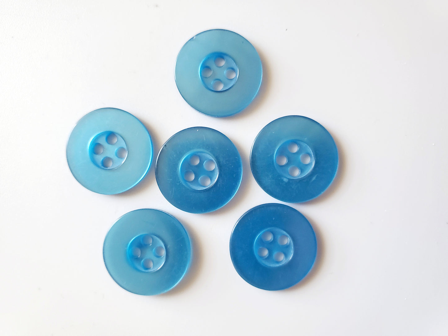 Blue Round Sewing Buttons, 4-Holed Buttons, Size 17mm, 1.7cm, Plastic QTY 6