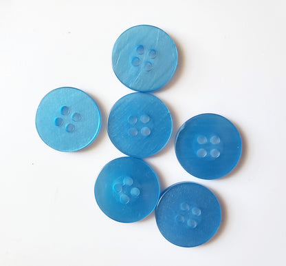 Blue Round Sewing Buttons, 4-Holed Buttons, Size 17mm, 1.7cm, Plastic QTY 6