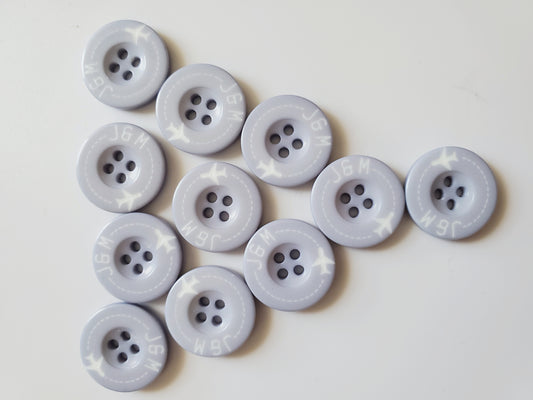 Blue Round Sewing Pattern, 4-Holed Buttons, Airplane Theme, Size 20mm, 2cm, Plastic QTY 11