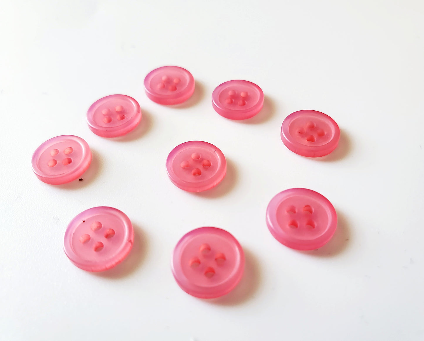 Small Pink Round 4-Holed Buttons, Size 10mm, 1cm, Plastic, QTY9