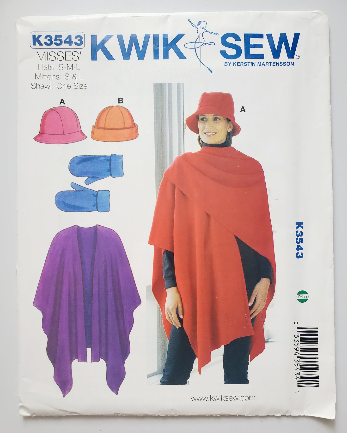 KWIK SEW Sewing Pattern, K3543, Hats, Mittens, Shawls, Size S-L