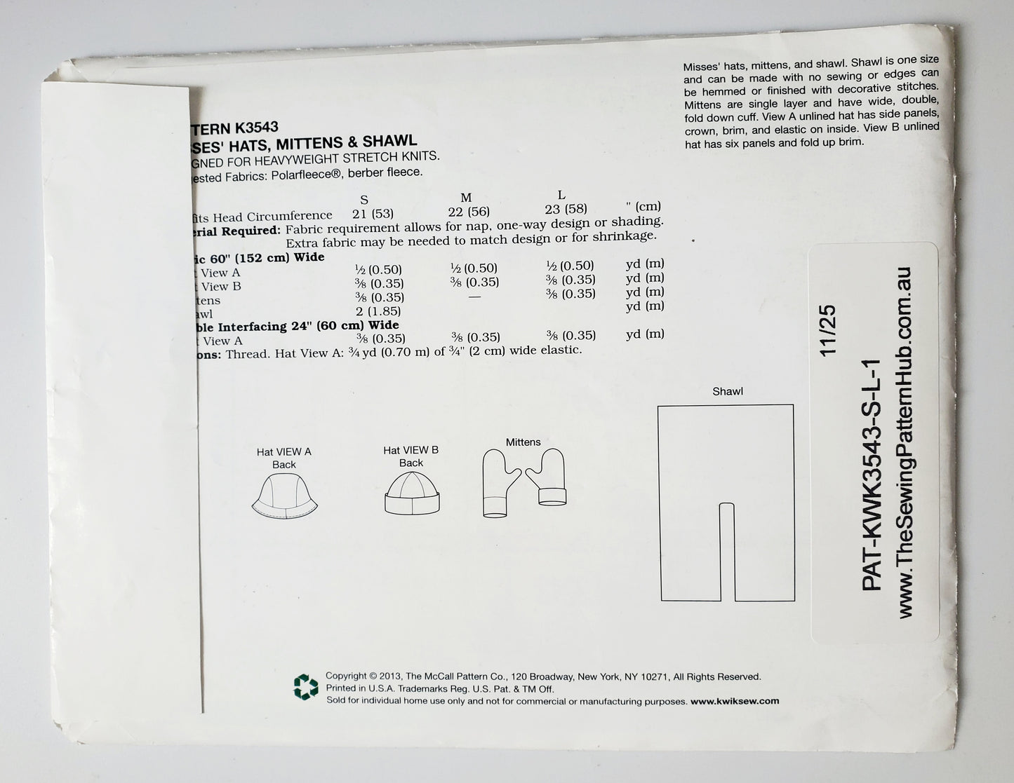 KWIK SEW Sewing Pattern, K3543, Hats, Mittens, Shawls, Size S-L